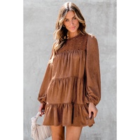 Chestnut Floral Lace Crochet Tiered Ruffled Mini Dress - L thumbnail