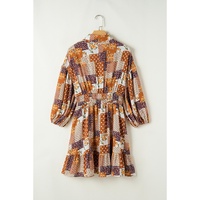Orange Boho Floral Puff Sleeve Smocked Waist Mini Shirt Dress - L thumbnail
