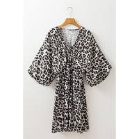 Black Leopard Print Elasticated V Neck 3/4 Puff Sleeve Dress - XL thumbnail