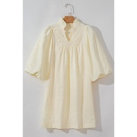 White Floral Textured Bubble Sleeve Frilled Notched Neck Dress - XL thumbnail