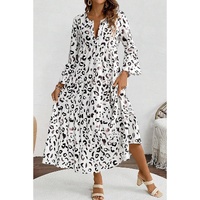White Leopard Print Notch V Neck Loose Fit Maxi Dress - S thumbnail