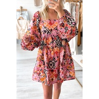 Pink Bohemian Square Neck Puff Sleeve Mini Dress - L thumbnail