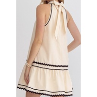 Khaki Stripe Ric Rac Trim Halter A-line Sleeveless Mini Dress - L thumbnail