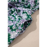 Green Floral Print Piping Trim Bubble Sleeve Square Neck Dress - S thumbnail