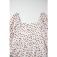 White Floral Print Shirred Ruffled Hem Square Neck Midi Dress - L thumbnail