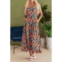 Black Boho Floral Print Thin Straps Sleeveless High Waist Maxi Dress - L thumbnail