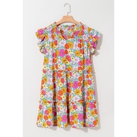 Sky Blue Floral Print Smocked Notch V Neck Flutter Sleeve Mini Dress - S thumbnail