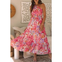 Pink Abstract Floral Print Shirred One Shoulder Maxi Dress - L thumbnail