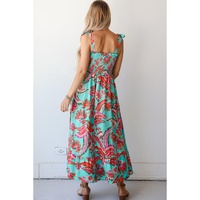 Green Abstract Print Smocked Bodice Knotted Straps Ruffled Maxi Dress - M thumbnail