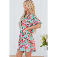 Green Abstract Print Lace-up High Waist Buttoned Mini Dress - S thumbnail