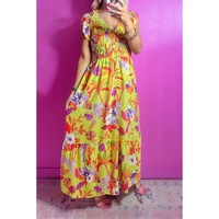 Yellow Cheetah Plant Print Shirred Button V Neck Maxi Dress - L thumbnail