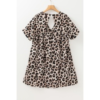 Khaki Cheetah Print Backless V Neck Loose Fit Mini Dress - L thumbnail