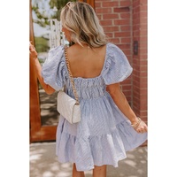 Sky Blue Stripe Bubble Sleeve Square Neck Ruched Pocketed Babydoll Dress - M thumbnail