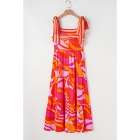 Red Abstract Print Knotted Shoulder High Waist Maxi Dress - L thumbnail