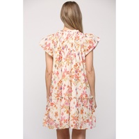 Apricot Floral Geometric Print Ruffled Trim Flutter Sleeve Mini Dress - L thumbnail