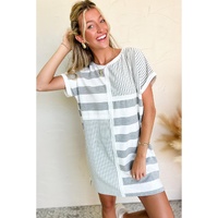 Azura Exchange Gray Stripe Mixed Printed Short Sleeve Shift Mini T Shirt Dress - L thumbnail