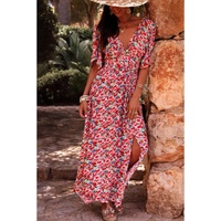 Red Floral Half Sleeve Deep V Neck Cutout Back Split Maxi Dress - L thumbnail