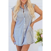Blue Stripe Frilled Sleeveless Collar Front Pocket Button Up Mini Dress - M thumbnail