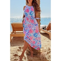 Sky Blue Floral Printed Sleeveless O Neck Knot Waist Maxi Dress - M thumbnail