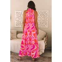 Rose Abstract Printed High Neck Knotted Nape Sleeveless Maxi Dress - L thumbnail