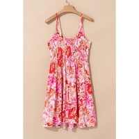 Red Floral Spaghetti Strap Surplice Neck Shirred Waist Mini Dress - L thumbnail