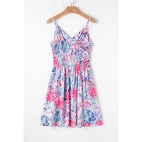Sky Blue Floral Spaghetti Strap Surplice Neck Shirred Waist Mini Dress - S thumbnail