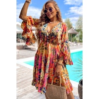 Pink Plant Print Flared Sleeve Ruffled Hem Tunic High Waist Flowy Dress - L thumbnail