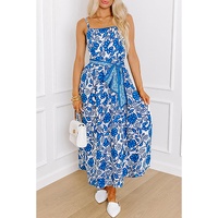 Blue Floral Printed Spaghetti Strap Maxi Dress with Waist Tie - M thumbnail