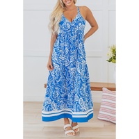 Blue Paisley V Neck Crisscross Backless Maxi Dress - S thumbnail
