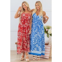 Red Floral Printed Spaghetti Strap Empire Waist Maxi Dress - L thumbnail