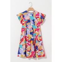 Pink Abstract Printed Ruffled Flutter Sleeve Tiered Mini Dress - L thumbnail