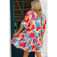 Rose Red Floral Bubble Sleeve V Neck Tiered Ruffle Babydoll Dress - XL thumbnail