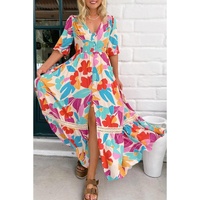 Rose Red Floral Knot Puff Sleeve V Neck Buttoned Front Split Lace Maxi Dress - XL thumbnail
