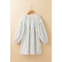 White Stripe Checkered Frilled V Neck Bracelet Sleeve Babydoll Dress - M thumbnail
