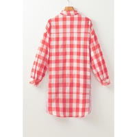 Pink Oversized Plaid Puff Sleeve Round Hem Shirt Dress - M thumbnail