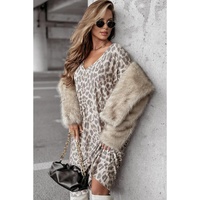 Gray Leopard Print V Neck Loose Fit Mini Dress - L thumbnail