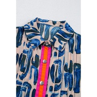 Beige Abstract Print Bubble Sleeve Button up Mini Dress - M thumbnail