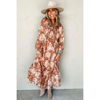 Brown Floral Print Shirred Square Neck High Waist Maxi Dress - L thumbnail