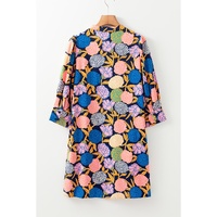 Navy Blue Hydrangea Floral Print Bishop Sleeve V Neck Shift Dress - L thumbnail