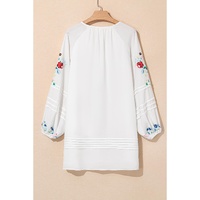 White Floral Print Boho Tassel Tie Split Neck Tucking Detail Puff Sleeve Mini Dress - M thumbnail
