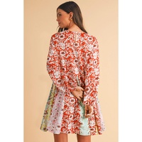 Red Colorful Floral Patchwork Long Sleeve Pleated Mini Dress - L thumbnail