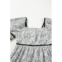 Gray Floral Print Open Back Balloon Sleeve Square Neck Mini Dress - L thumbnail