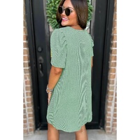 Mint Green Corded Knit Crew Neck Puff Sleeve Shift Mini Dress - L thumbnail