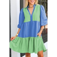 Dark Blue Colorblock Frilled V Neck Puff Half Sleeve Shift Dress - M thumbnail