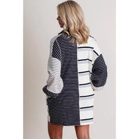Black Stripe Colorblock Knit Henley Collar Shift Long Sleeve Mini Dress - M thumbnail