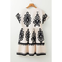 Black Vintage Print V Neck High Waist Short Sleeve Dress - S thumbnail