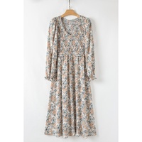 Khaki Maple Grove Floral Smocked Puff Sleeve Long Dress - L thumbnail