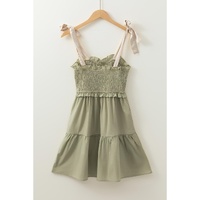 Laurel Green Smocked Bodice Self-tie Straps A-line Ruffled Mini Dress - L thumbnail