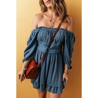 Real Teal Frilled Neckline 3/4 Sleeve Layered Ruched Mini Dress - M thumbnail