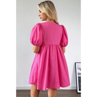 Bright Pink Solid Color Puff Sleeve Tie Front High Waist Mini Dress - S thumbnail